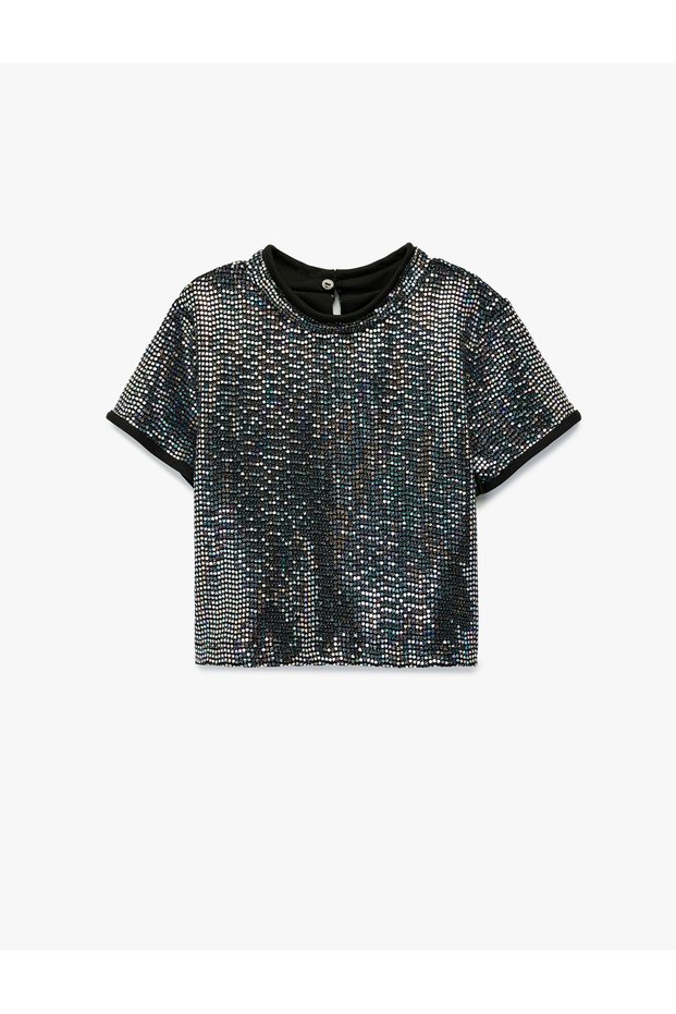 Short Sleeve Crew Neck Sequined Glitter Blouse