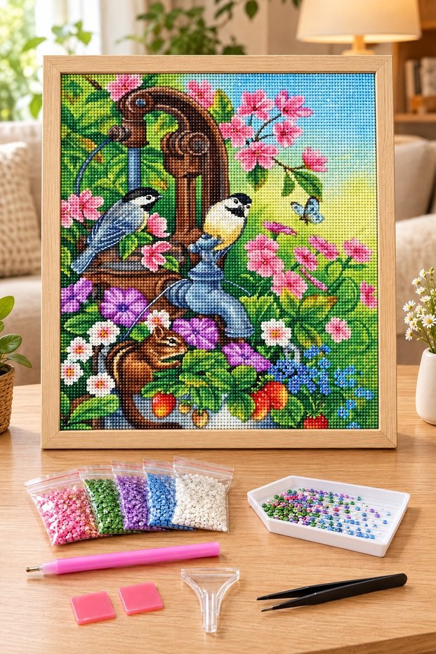 Diamond Painting Puzzle Kit, Birds and Squirrel at the Fountain 30X30 cm Mosaic