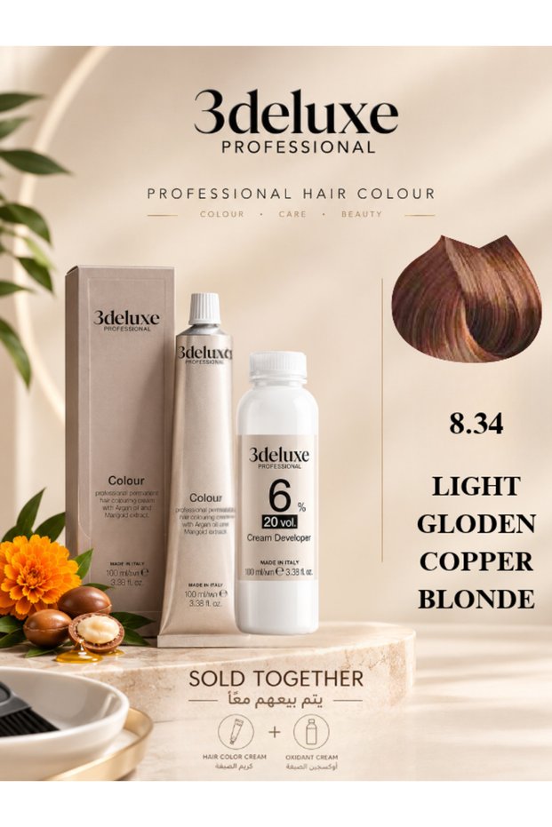 Hair Color Cream & Cream Developer 20 vol.(6%) β 100 ml Each Light Gloden Copper Blonde 8.34