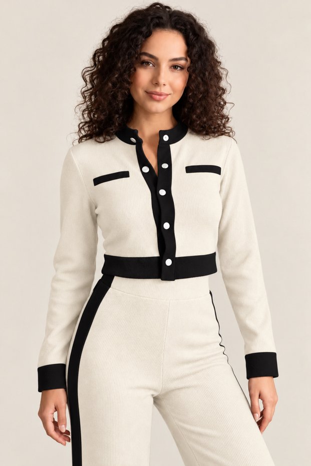 Paneled Stripe Detail Long Sleeve Crop-Pants Knitwear Cotton Women's Bottom-Top Set