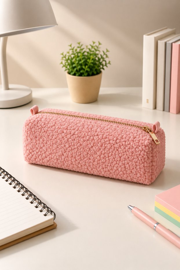 Pink Plush Pencil Case Large Zippered Bag – Soft Textured Makeup and Organizer Bag Multi-Purpose