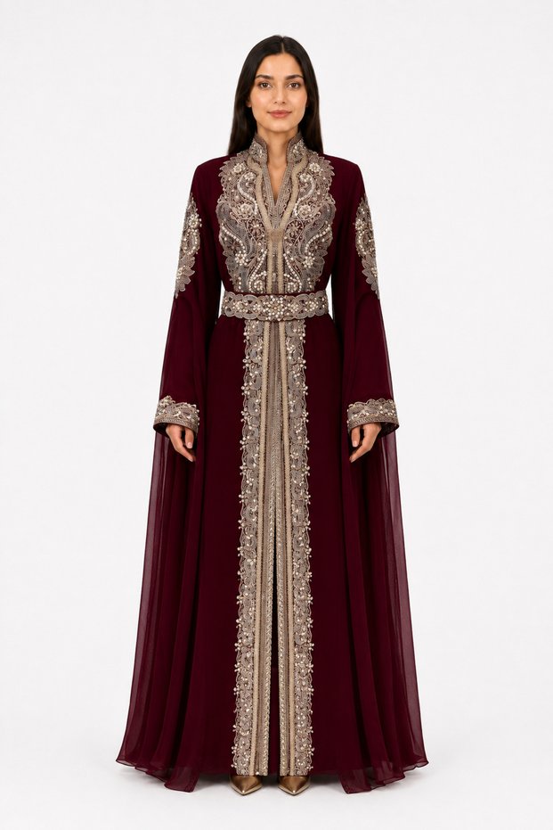 Women's Long Caftan with Shiny Stones and Pearl Work