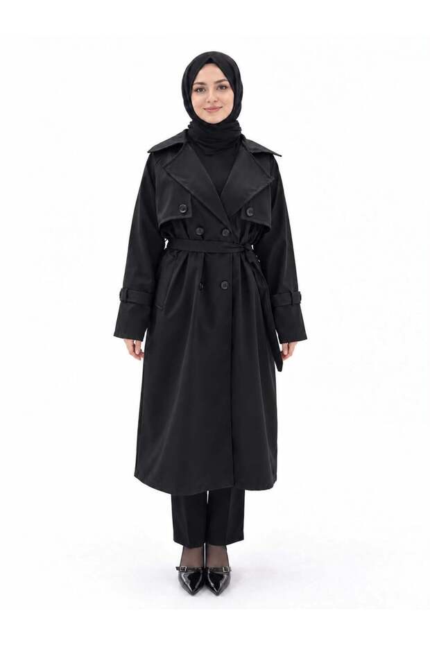 Women's Black Buttoned Front Belted Lined Bolero Trench Coat