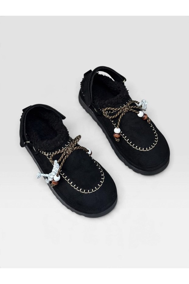 Black Suede (Grace) Fur Inside, Lace-Up, Bead Detail Women's Sabo Slippers