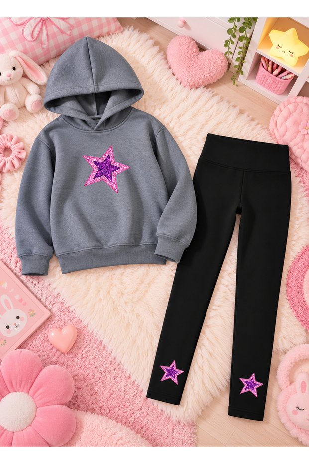 Girl's Hooded Sweatshirt, Straight-Leg Leggings Set, Printed 3-Yarn Rastered Winter Comfortable Fit Set