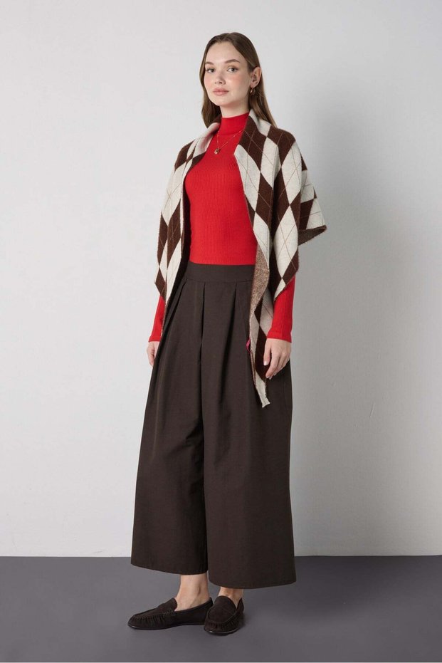 Women's Ecru Bearded Plaid Poncho/Shawl 32046