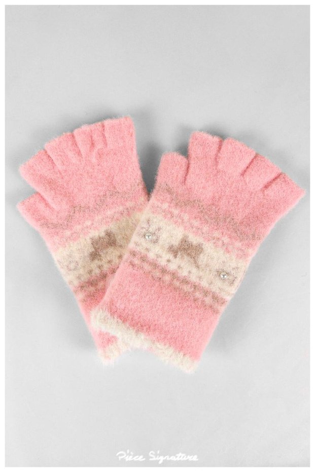 Women's Kilim Patterned Pearl Detailed Cut-Out Fingered Knitwear Gloves