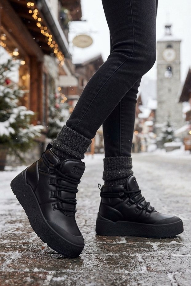 Women's Black High Ankle Fur-Lined Thick Sole Cold-Resistant Daily Boots