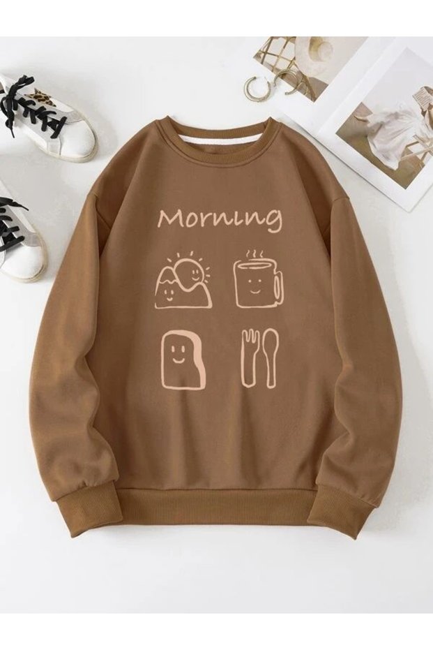 Morning Printed Cotton 3 Thread Threaded Crew Neck Oversize Sweatshirt