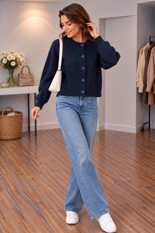 Navy Blue Button Detailed Balloon Sleeve Knitwear Cardigan