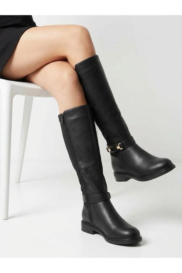 Women's Black Long Boots Below the Knee, Comfortable Non-Slip Sole, Winter Waterproof Stretchy Stylish Leather Look Boots