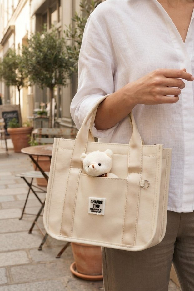 012 Cream Plush Teddy Bear Daily Women's Bag with Hand and Shoulder Strap