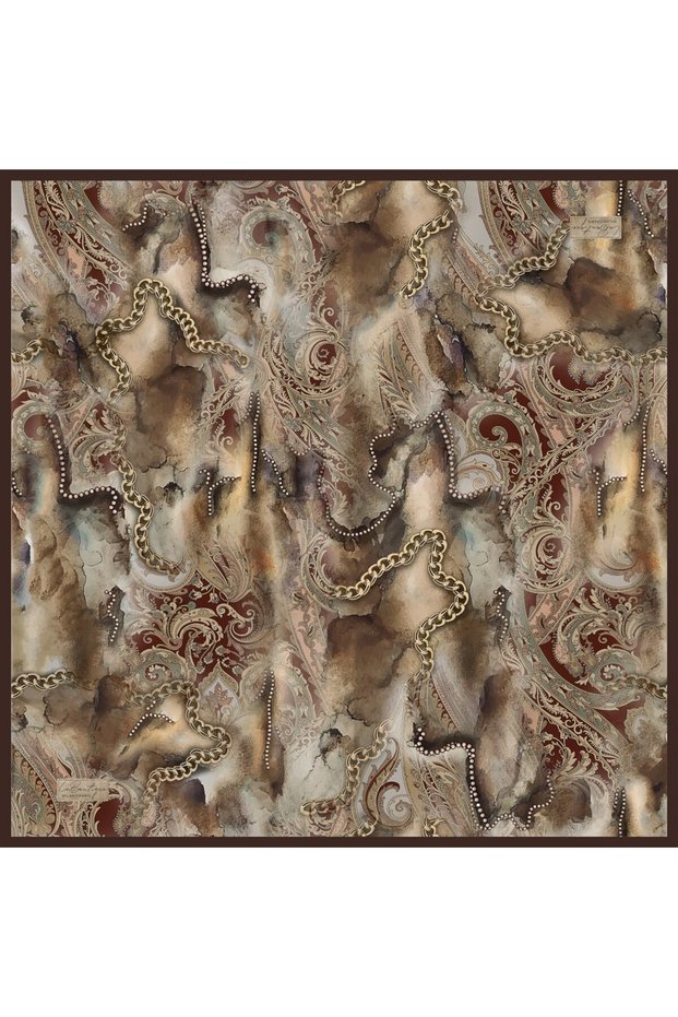 Tivil Pure Silk Scarf 2641 01 Coffee Burgundy Ethnic Pattern
