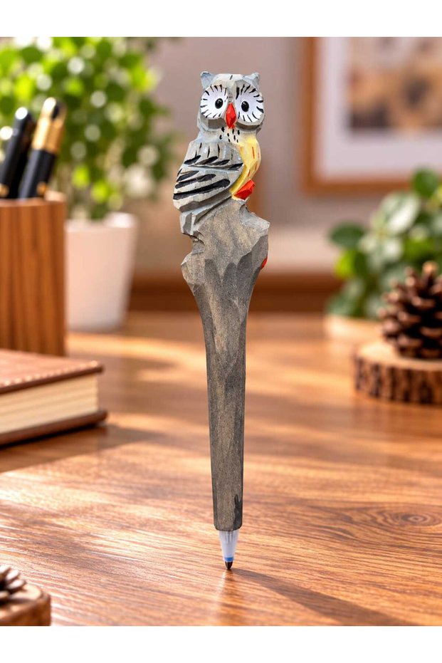 Handmade Wooden Animal Figured Ballpoint Pen 18 cm – Decorative Gift Pen with Panda and Owl Design (1 Piece)