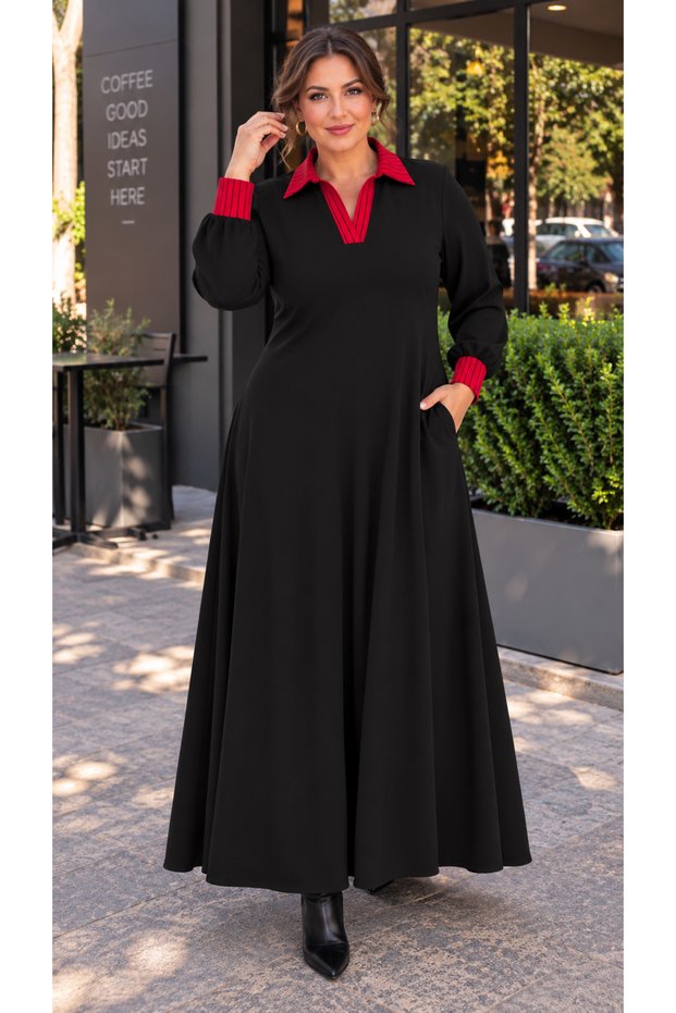 Women's Plus Size Red Black Striped Shirt Collar Pocket 140 cm Lycra Two Thread Dress