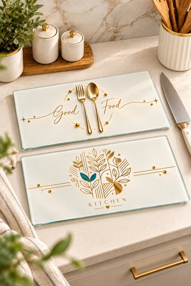 2-Piece Glass Cutting Board Gold Good Food & Kitchen Themed - Glass Cutting Board | 17cm X 29cm