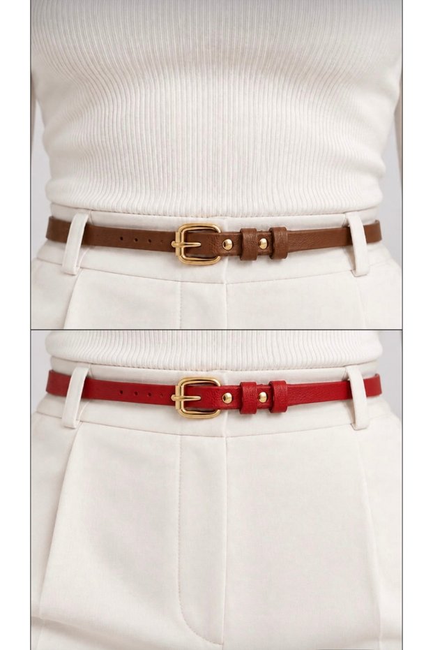 Women's 2-Piece Thin Belt Set with Gold Buckle Brown & Red