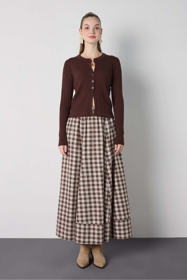 Women's Brown Plaid Long Skirt with Elastic Waist 32091