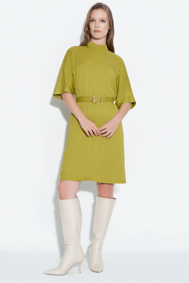 Belted High Neck Midi Dress