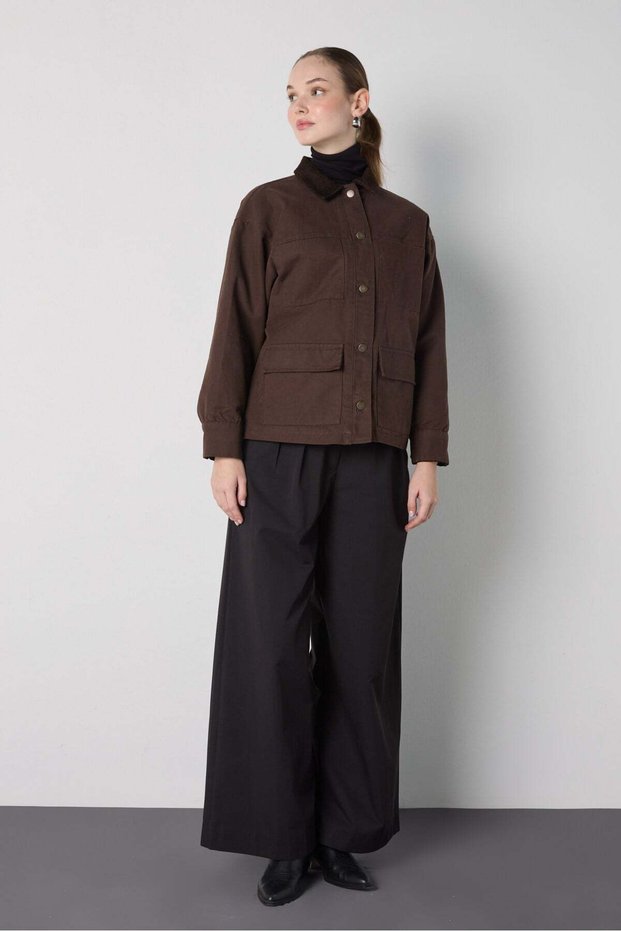 Women's Brown Fiber Velvet Collared Coat 32105