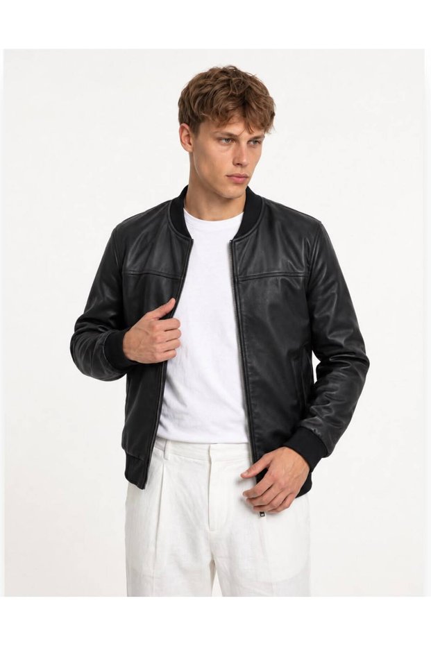 Men's College Collar Leather Jacket