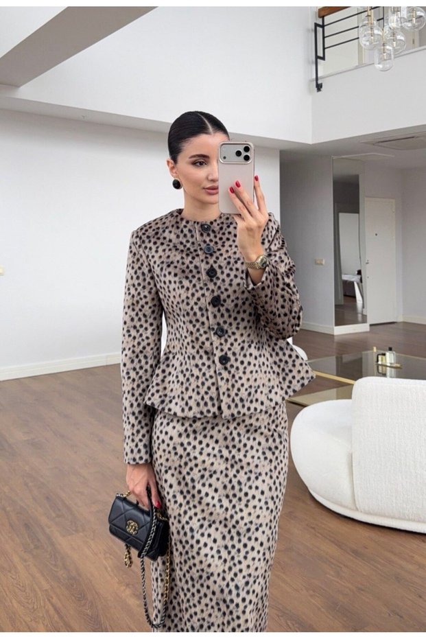 Premium Quality Woolen Leopard Jacket Skirt Set