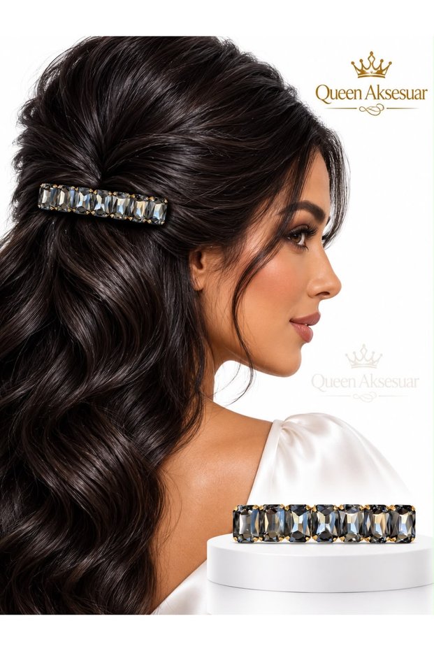 Luxurious Shiny Crystal Stone Gold Metal Automatic Clip Hairpin with Rectangular Cut Shiny Smoked Dark Gray Hairpin