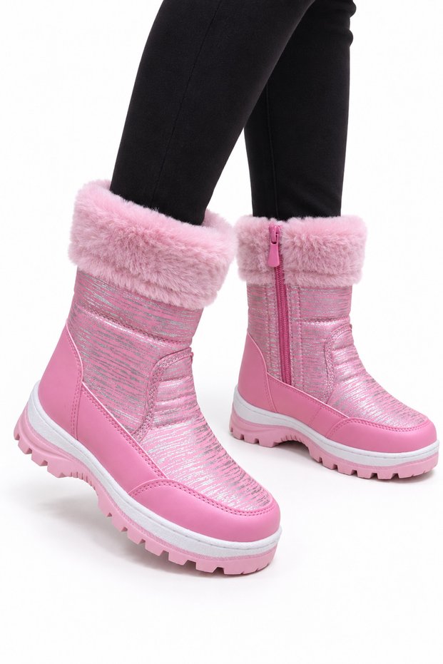 Fur Inside Parachute Fabric Waterproof Girls' Boots Pudra