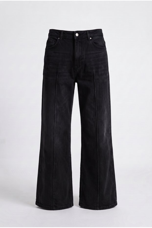 Women's Black High Waist Ribbed Detailed Lycra Wide Leg Denim Trousers