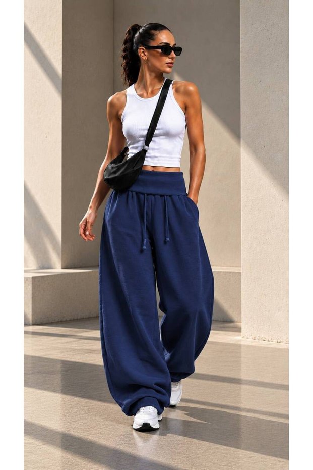 Women's Waist-Folded Camisole 3-Thread Ribbed Sweatpants