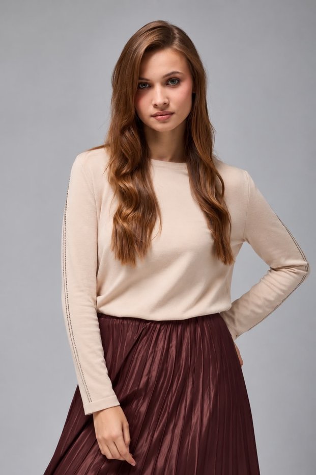 Women's sleeve stone detailed soft textured sweater