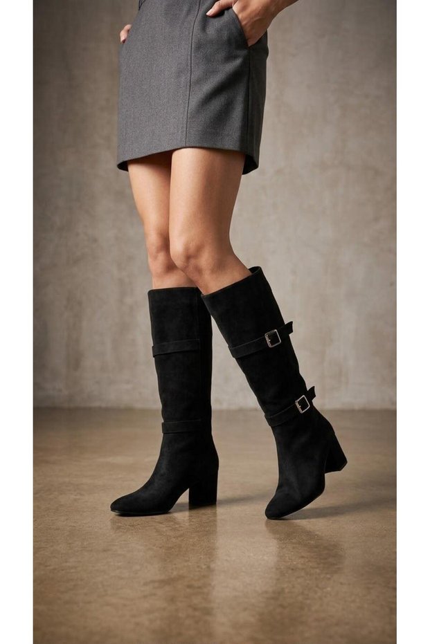 Women's Suede Boots with Double Belt Buckle Detail, Thick Heeled, Below the Knee, Stylish Boots