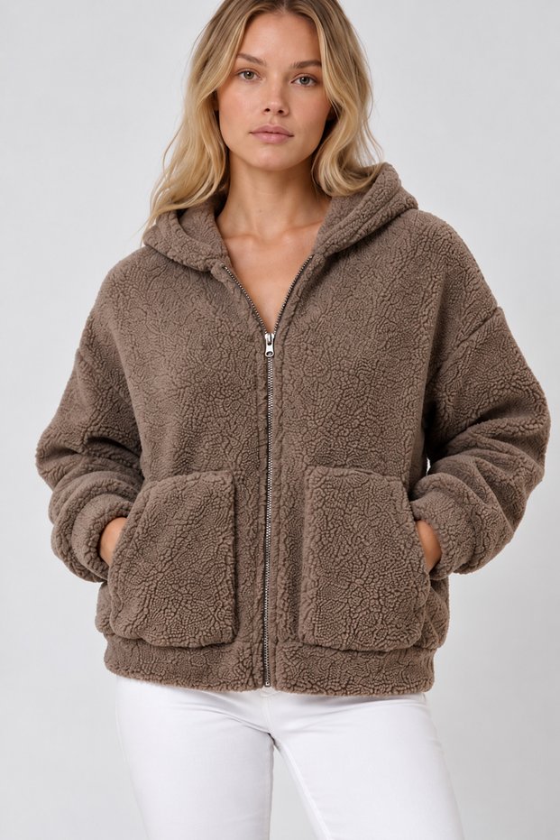 Women's Hooded Zippered Fleece Bomber Jacket