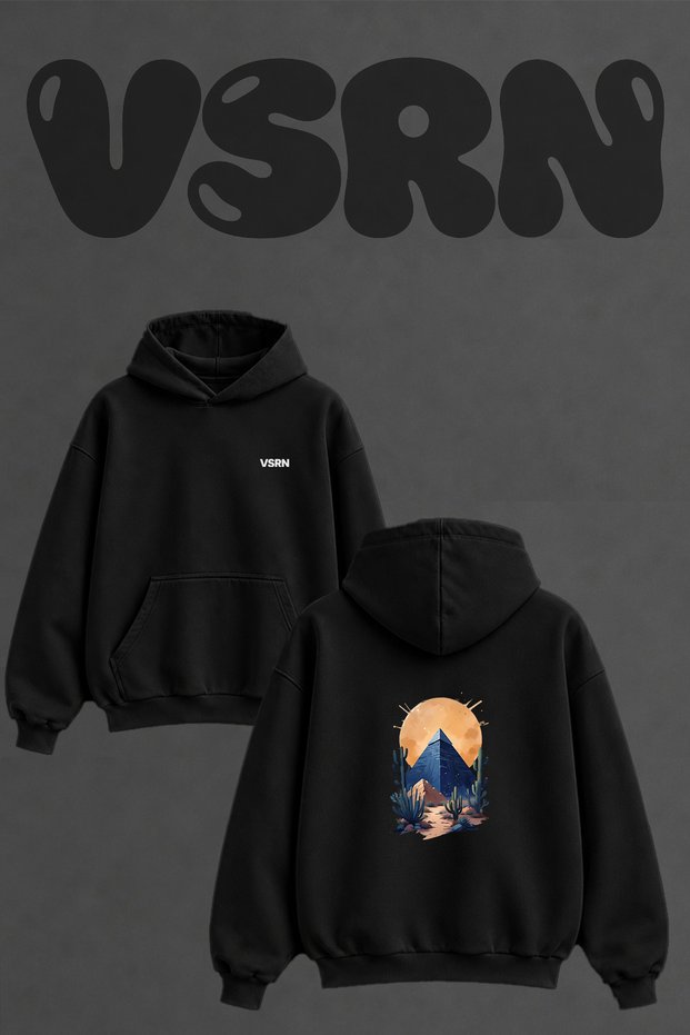 Pyramid Cactus Design Back Printed Oversize Black Hooded Sweatshirt