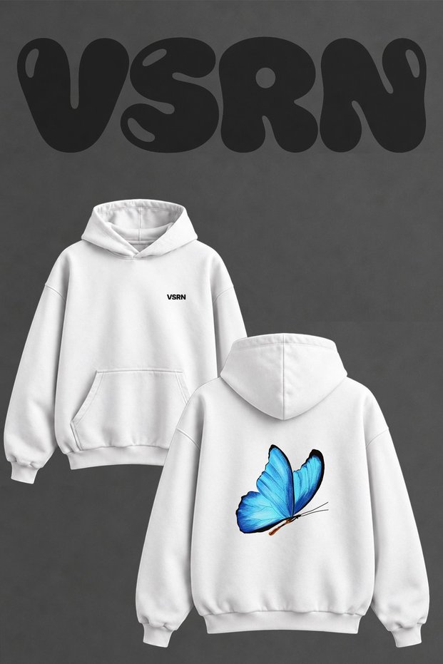 Blue Butterfly_3 Design Back Printed Oversize White Hooded Sweatshirt