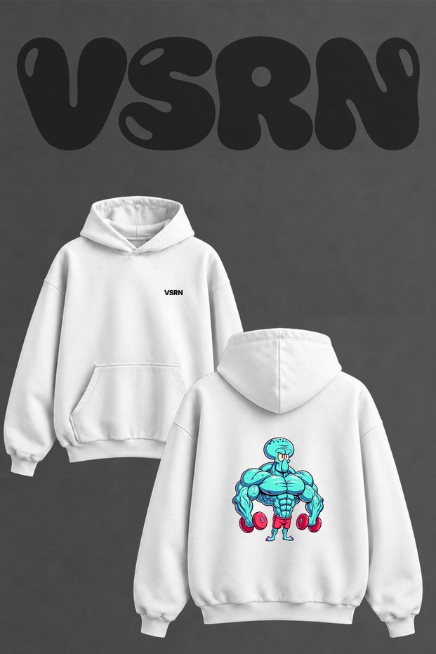 Squidward Bodybuilder Design Back Printed Oversize White Hooded Sweatshirt