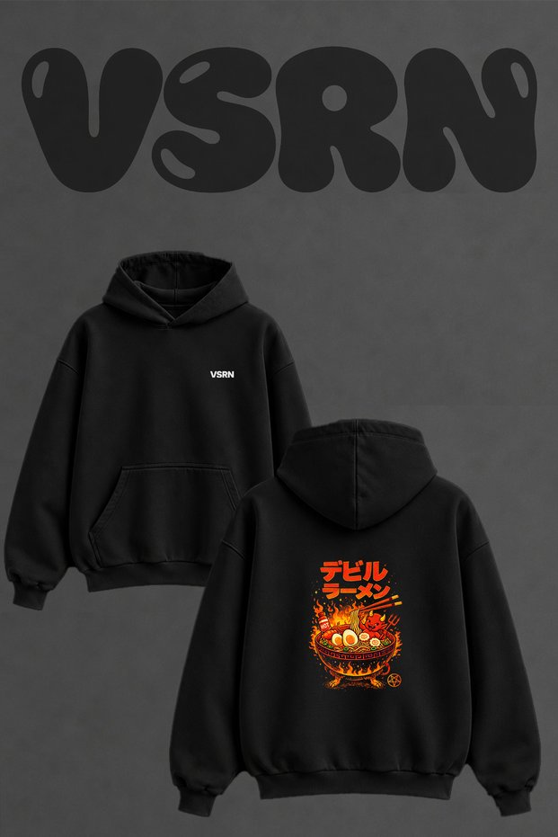Devil Ramen Design Back Printed Oversize Black Hooded Sweatshirt