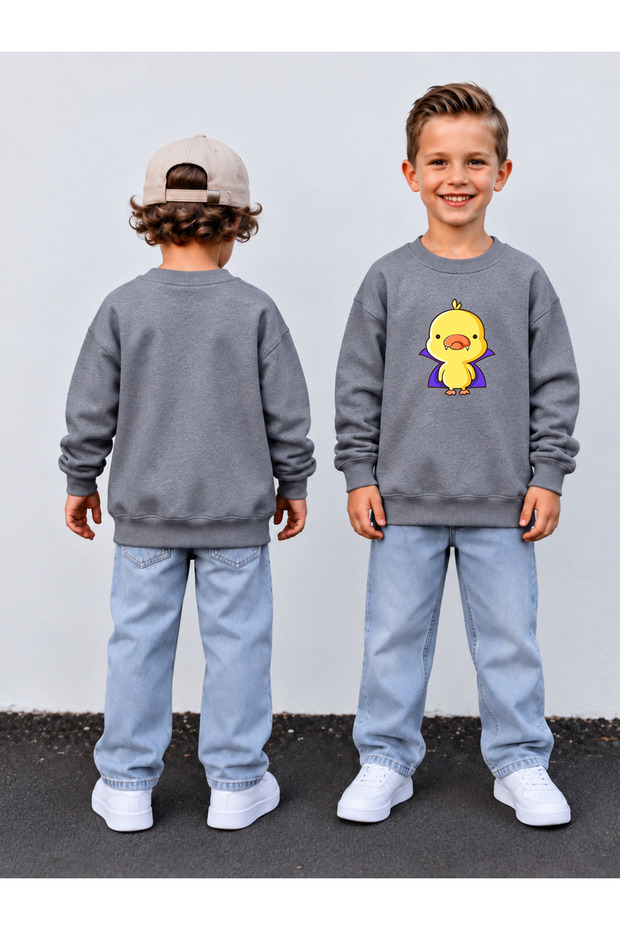 Boy's Crew Neck Sweatshirt Printed 3 Yarn Threaded Winter Comfortable Fit Cotton Sweatshirt
