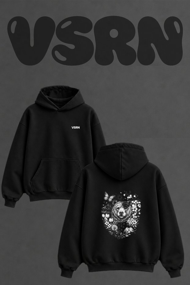 Bear Stippling Design Back Printed Oversize Black Hooded Sweatshirt
