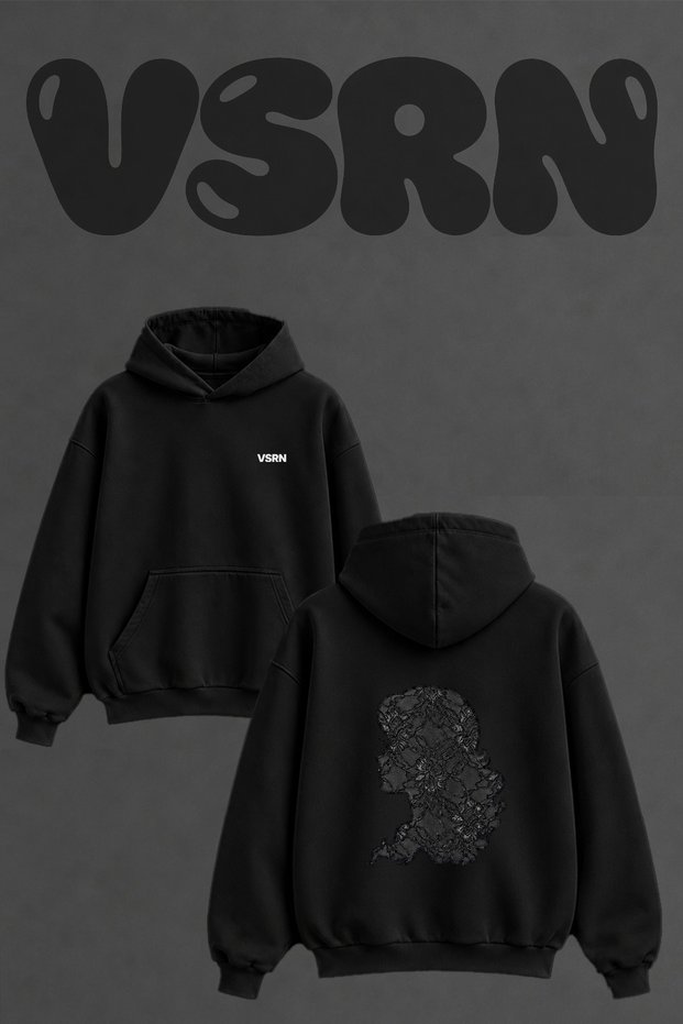 Lace Women's Profi Design Back Printed Oversize Black Hooded Sweatshirt