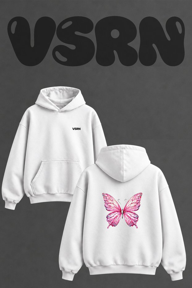 Pink Glitter Butterfly Design Back Printed Oversize White Hooded Sweatshirt