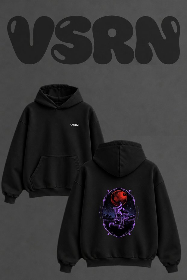Red Moon Camels Design Back Printed Oversize Black Hooded Sweatshirt