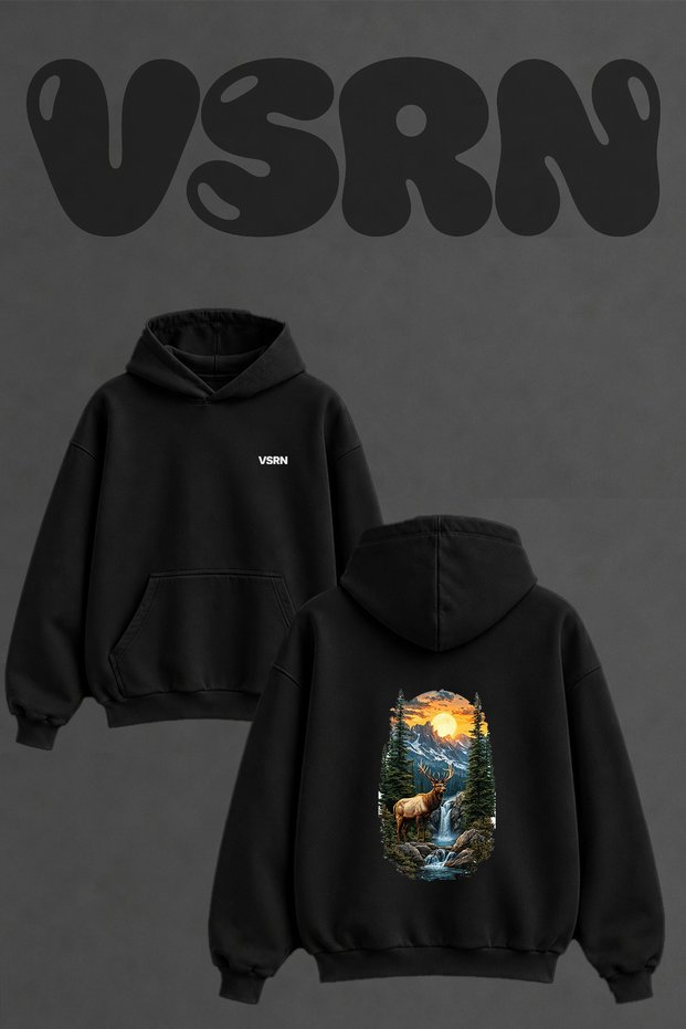 Geyik Dag Selale Design Back Printed Oversize Black Hooded Sweatshirt