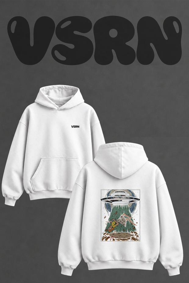 Ufo Abduction_1 Design Back Printed Oversize White Hooded Sweatshirt