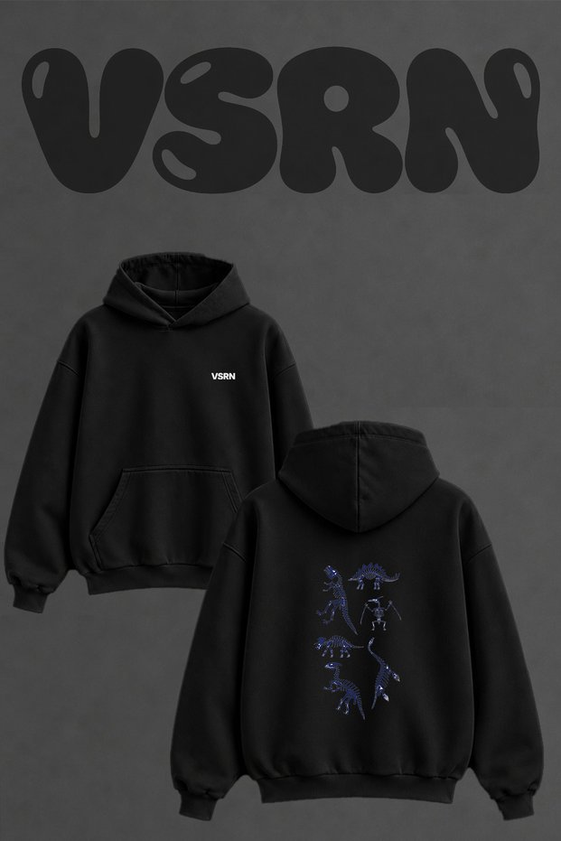 Dinosaur Skeletons Design Back Printed Oversize Black Hooded Sweatshirt