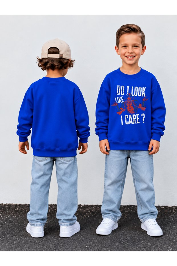 Boy's Crew Neck Sweatshirt Printed 3 Yarn Threaded Winter Comfortable Fit Cotton Sweatshirt
