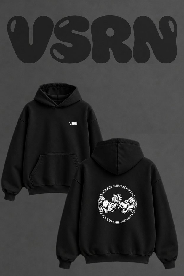 Arm Wrestling Design Back Printed Oversize Black Hooded Sweatshirt