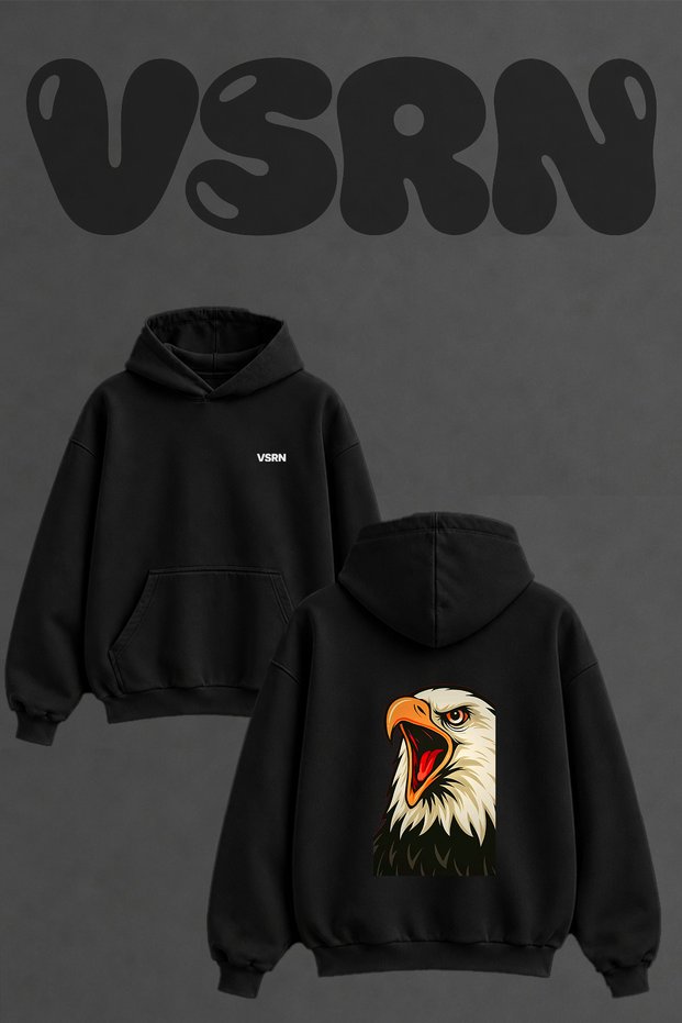 سويت شيرت أسود كبير الحجم بقلنسوة وطباعة على الظهر من Screaming Eagle Design