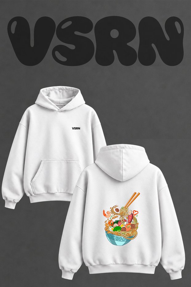 Ramen Chopsticks Design Back Printed Oversize White Hooded Sweatshirt