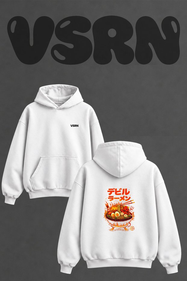 Devil Ramen Design Back Printed Oversize White Hooded Sweatshirt